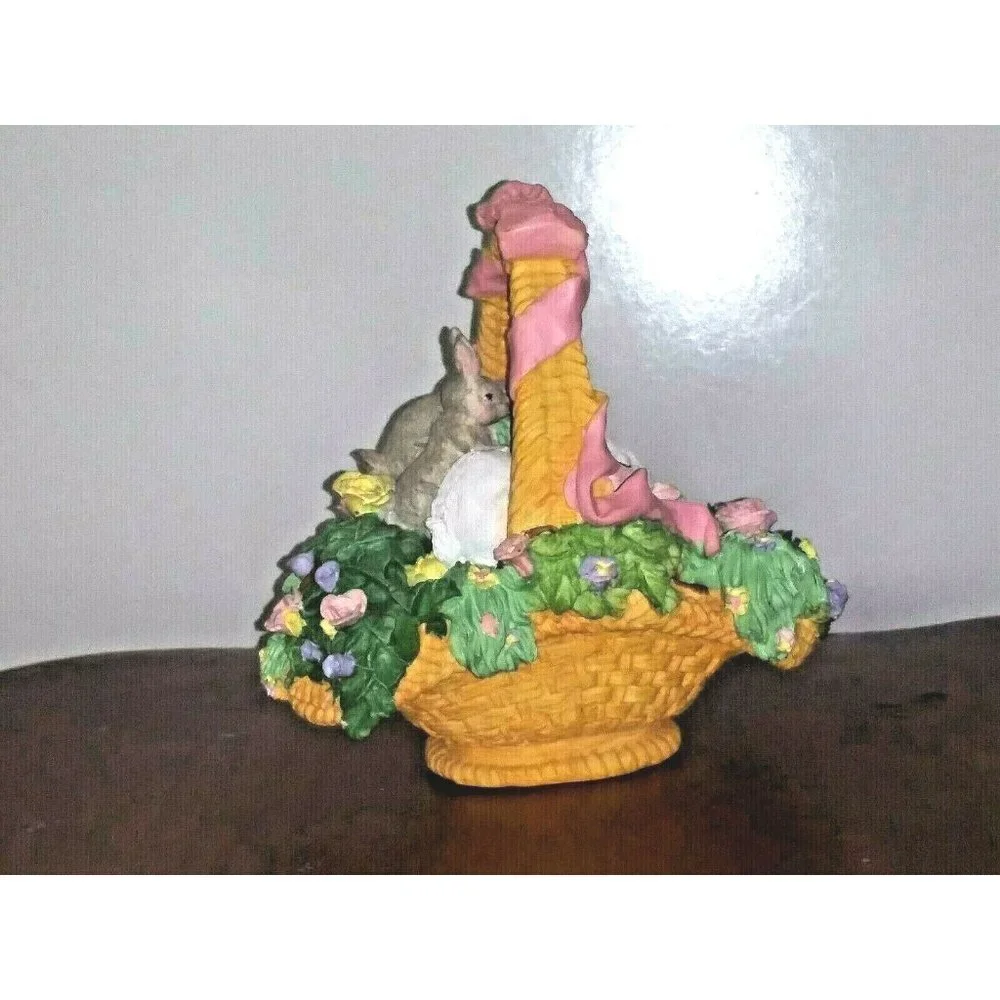 Spring Easter Garden Rabbits Bunny Bunnies in BASKET STATUE figurine resin 7.5
